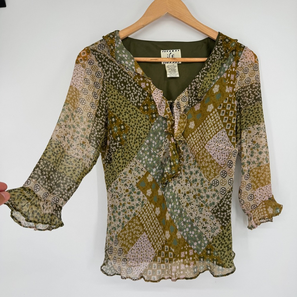 Vintage Y2K iCE 100% Silk Floral Ruffle Patchwork Blouse Sz M Fairycore Boho Top